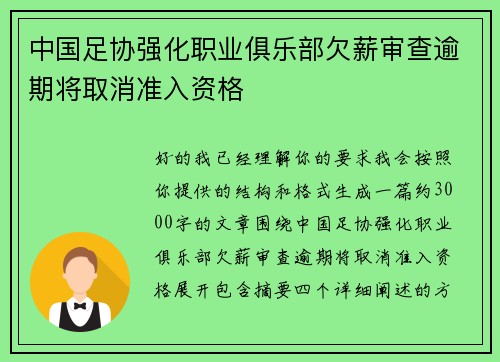 中国足协强化职业俱乐部欠薪审查逾期将取消准入资格 中国足协强化职业俱乐部欠薪审查逾期将取消准入资格